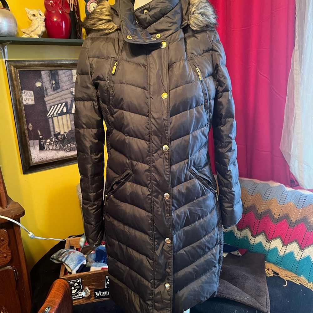 Michael Kors blue Puffer Jacket with Faux Fur Trim